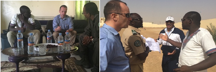 L’équipe du Projet d’appui à la Sécurité et au Développement  reçue par le colonel Sidi-Mahmoud Taleb OuldJiyeb, commandant l’école de la Garde nationale de Rosso (photo de gauche) et par le colonel Dey Ould Bamba OuldYezid, commandant l’école de gendarmerie de Rosso (photo de droite)